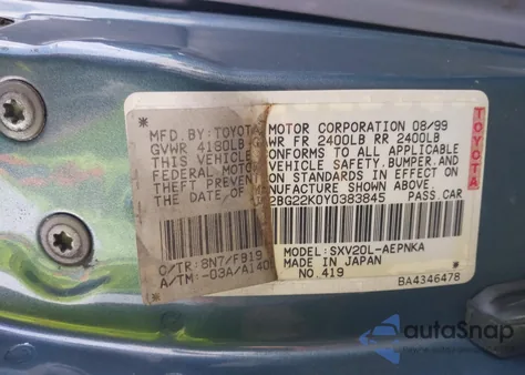 2000 Toyota Camry Le z USA, uszkodzony, nr VIN JT2BG22K0Y0383845